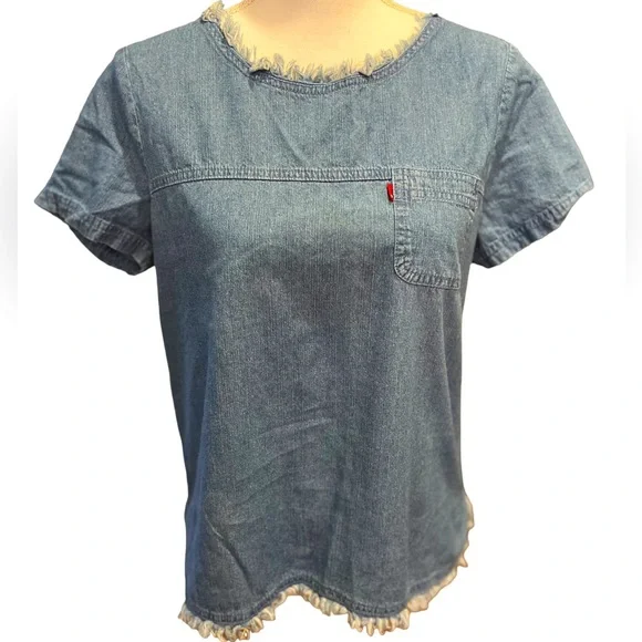 Levi's | Tops | Levis Pull Over Zip Back Denim Shirt With Fraying